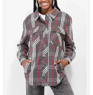 Empyre Kiva Flannel Shacket Jacket Gray Plaid Oversized Small Pockets